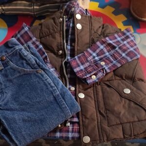 Cowboy Hardware Brown Vest with Blue Plaid Ralph Lauren Shirt and WranglerJeans